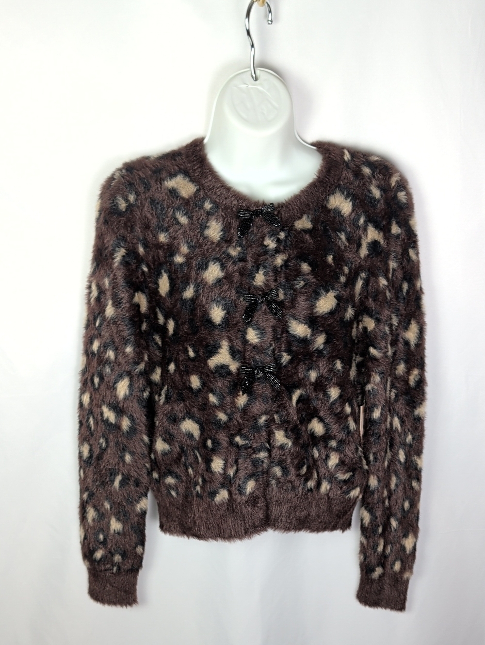 NWT Black Tape_ Fuzzy Eyelash Knit Leopard Print Beaded Bow Cardigan Sweater XS